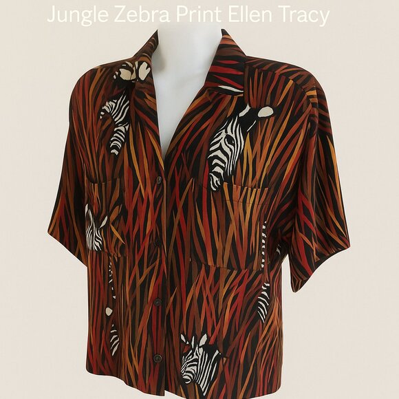 Vintage 80s Ellen Tracy Silk Zebra Jungle Print Blouse Size 4 - Picture 1 of 9